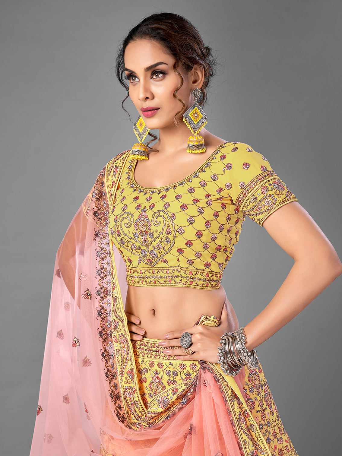Yellow Thread Work Georgette Semi Stitched Lehenga With Unstitched Blouse