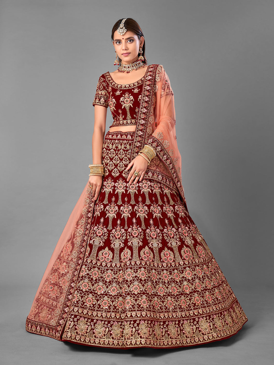 Maroon Embroidered Velvet Semi Stitched Lehenga With Unstitched Blouse