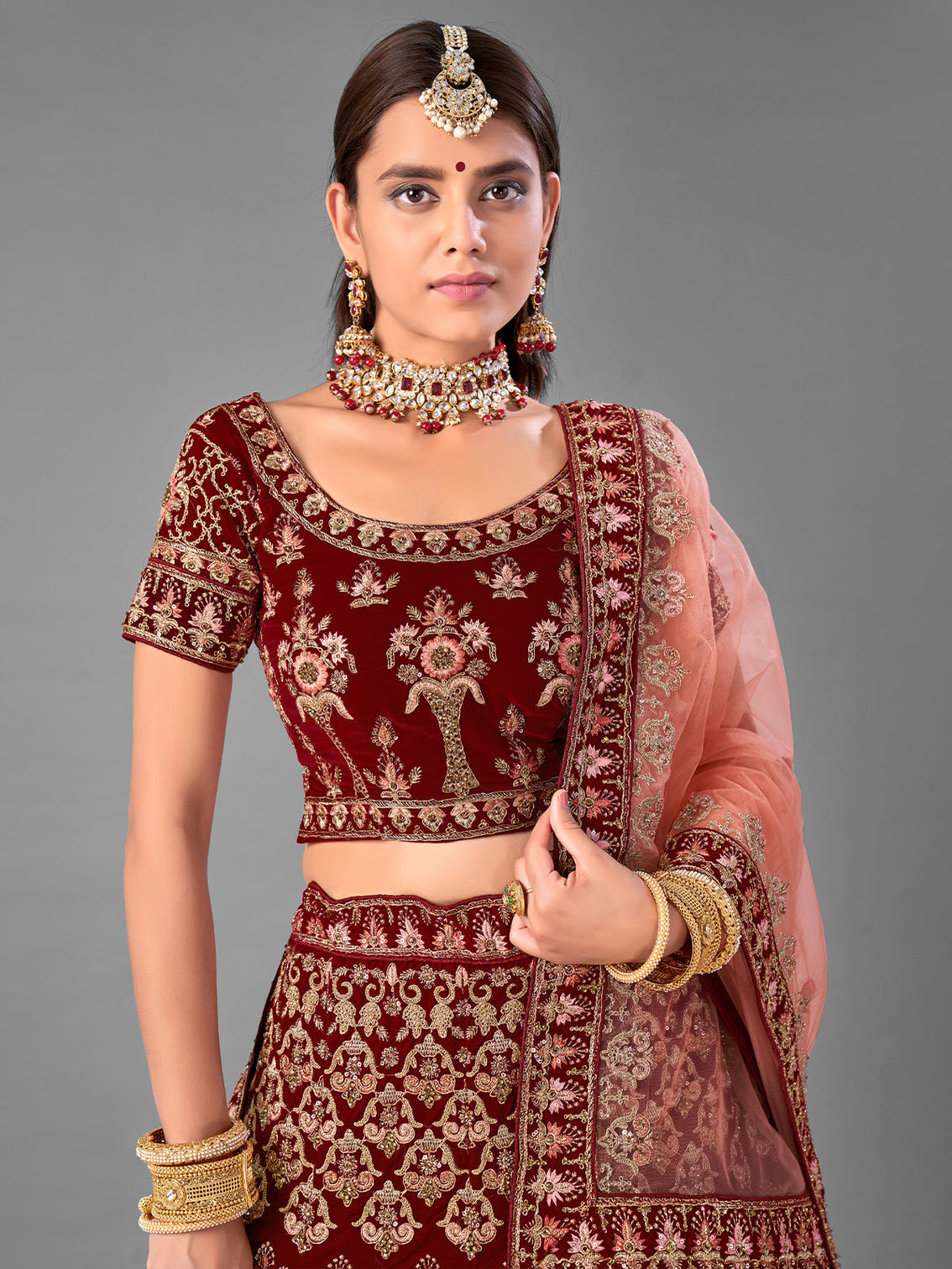 Maroon Embroidered Velvet Semi Stitched Lehenga With Unstitched Blouse