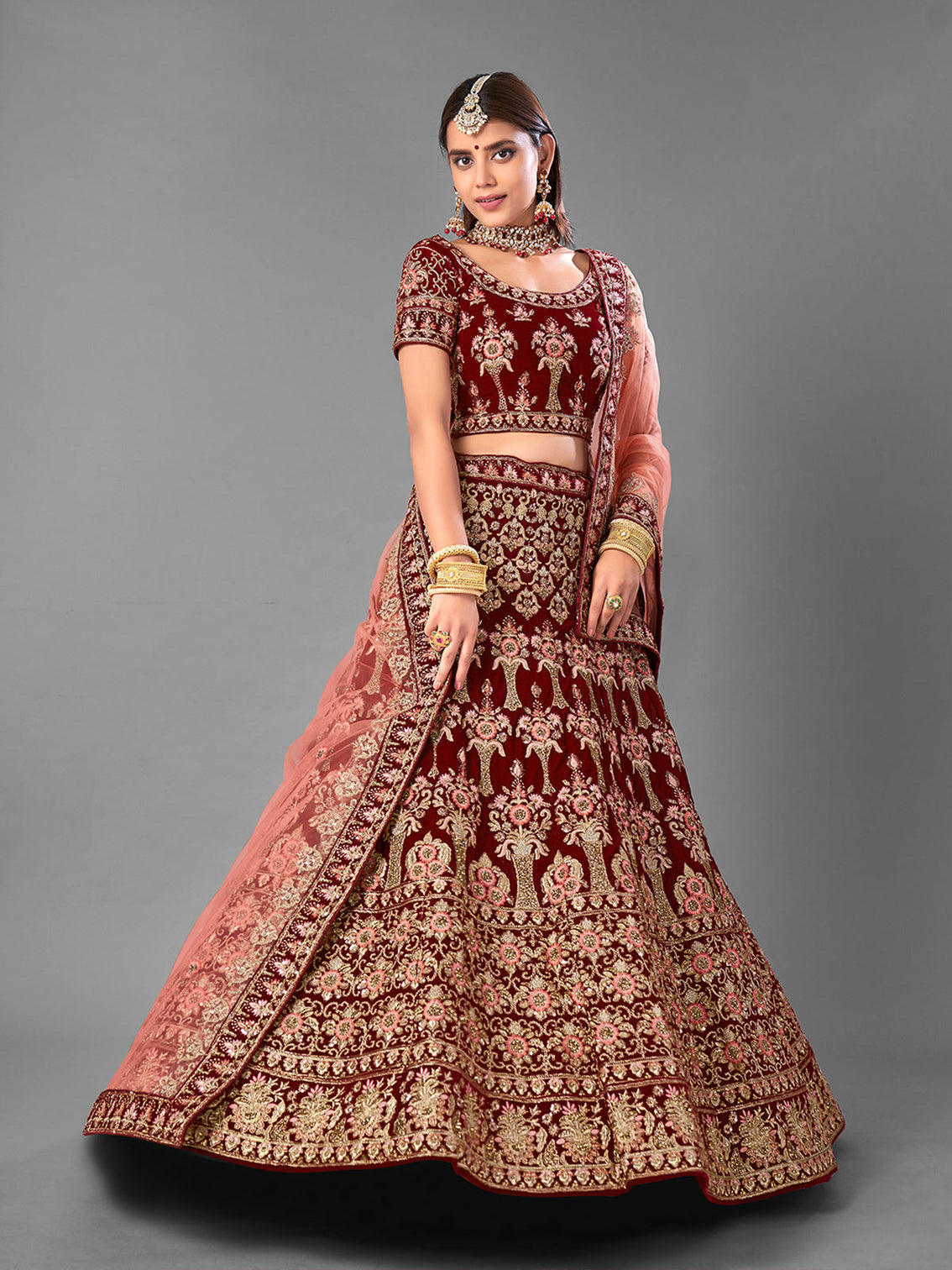 Maroon Embroidered Velvet Semi Stitched Lehenga With Unstitched Blouse