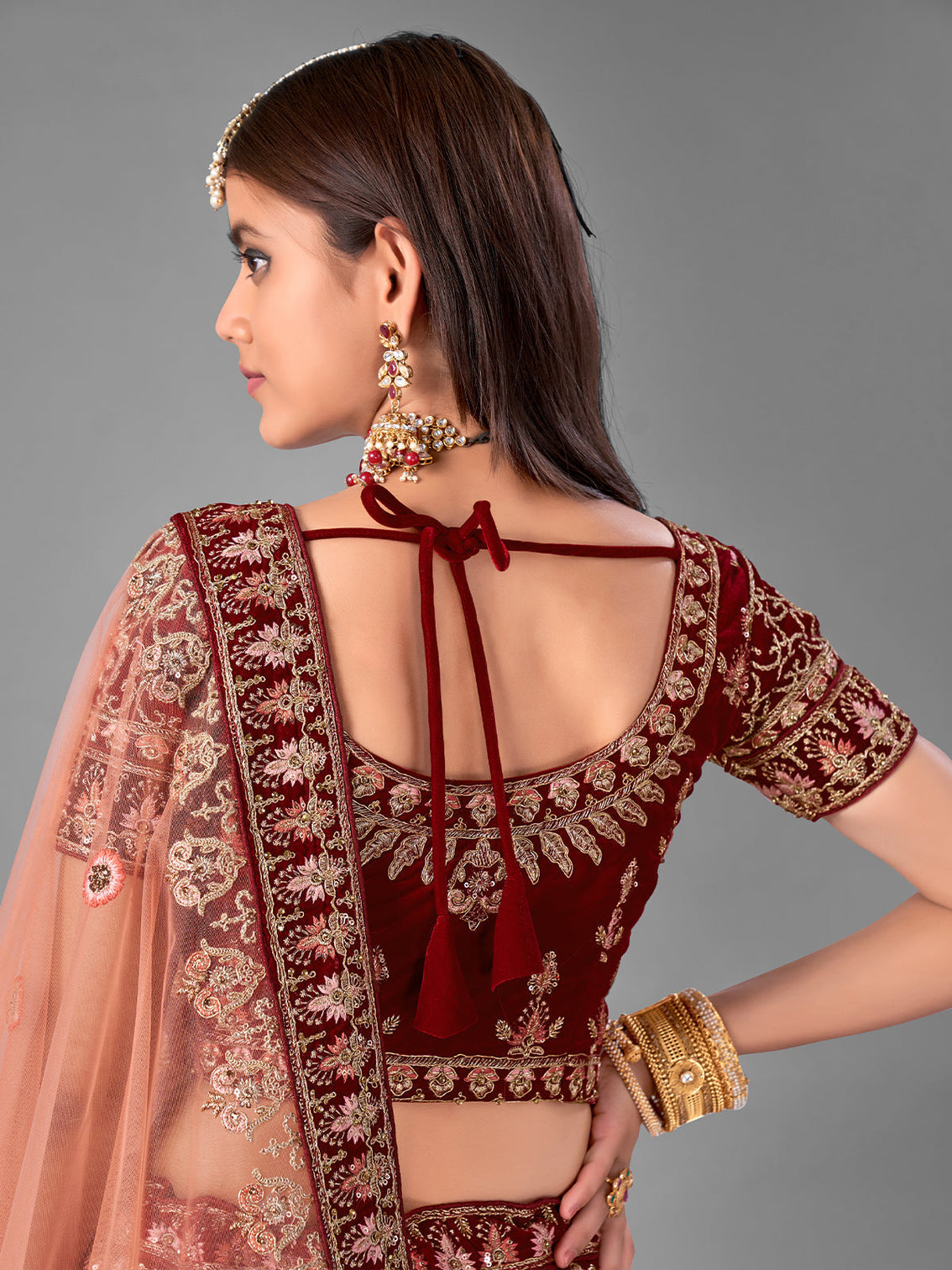 Maroon Embroidered Velvet Semi Stitched Lehenga With Unstitched Blouse