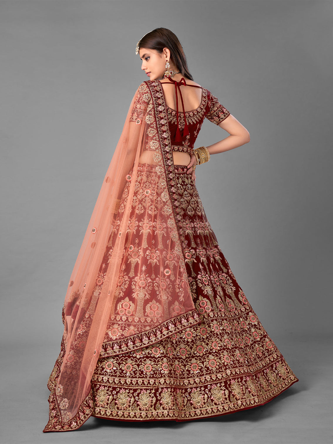 Maroon Embroidered Velvet Semi Stitched Lehenga With Unstitched Blouse
