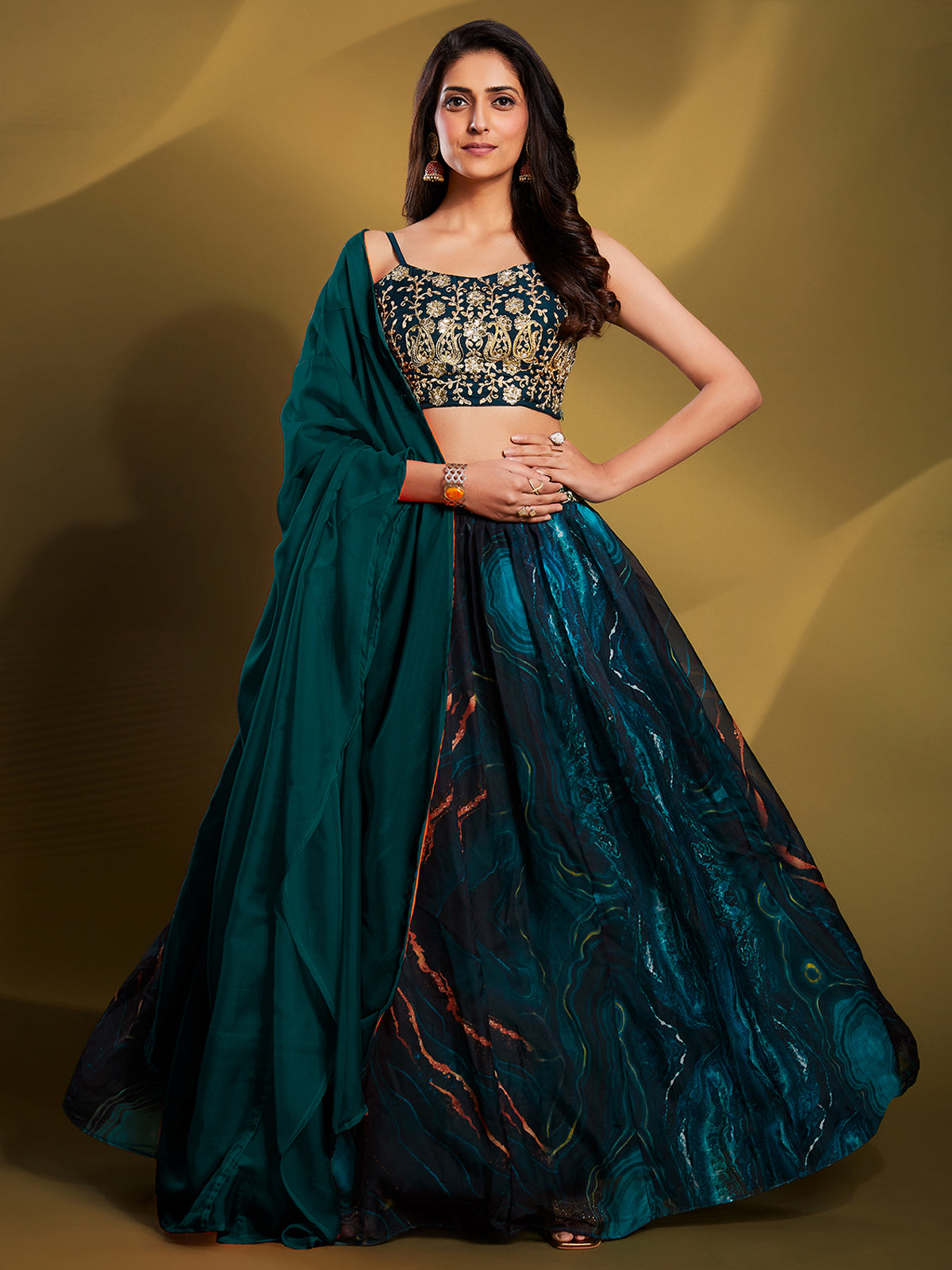 Teal Organza Printed Semi Stitched Lehenga Choli