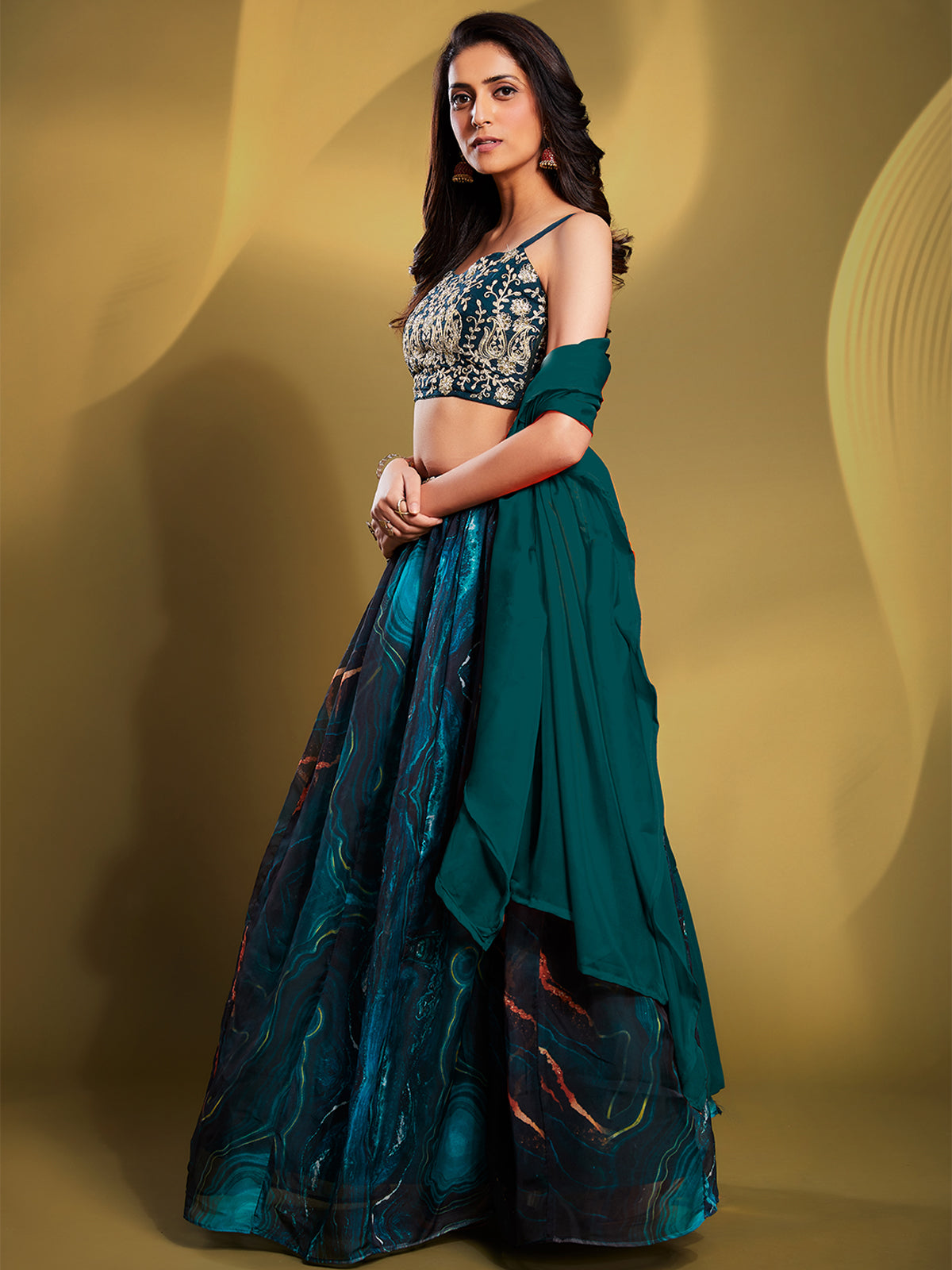 Teal Organza Printed Semi Stitched Lehenga Choli