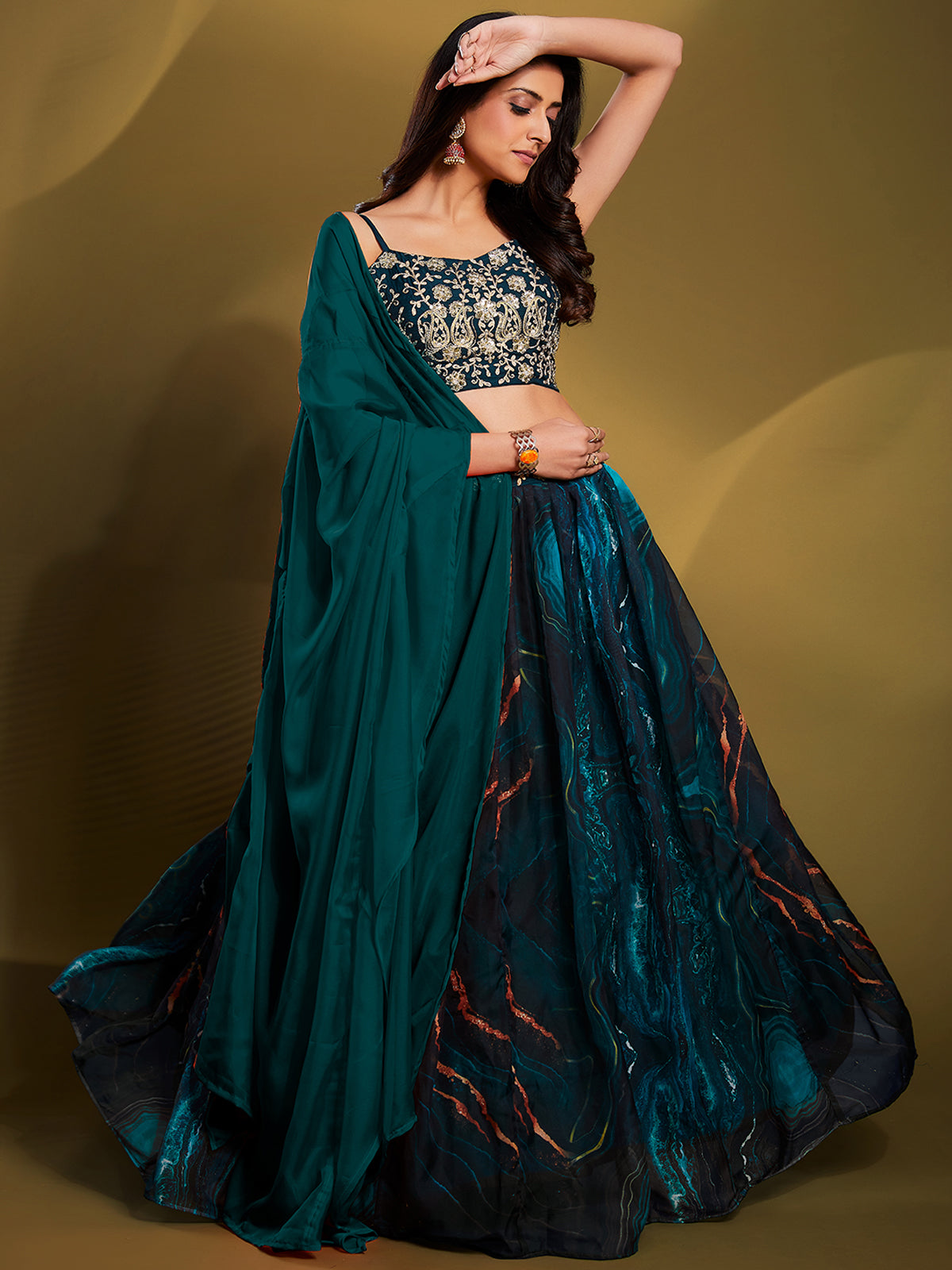 Teal Organza Printed Semi Stitched Lehenga Choli