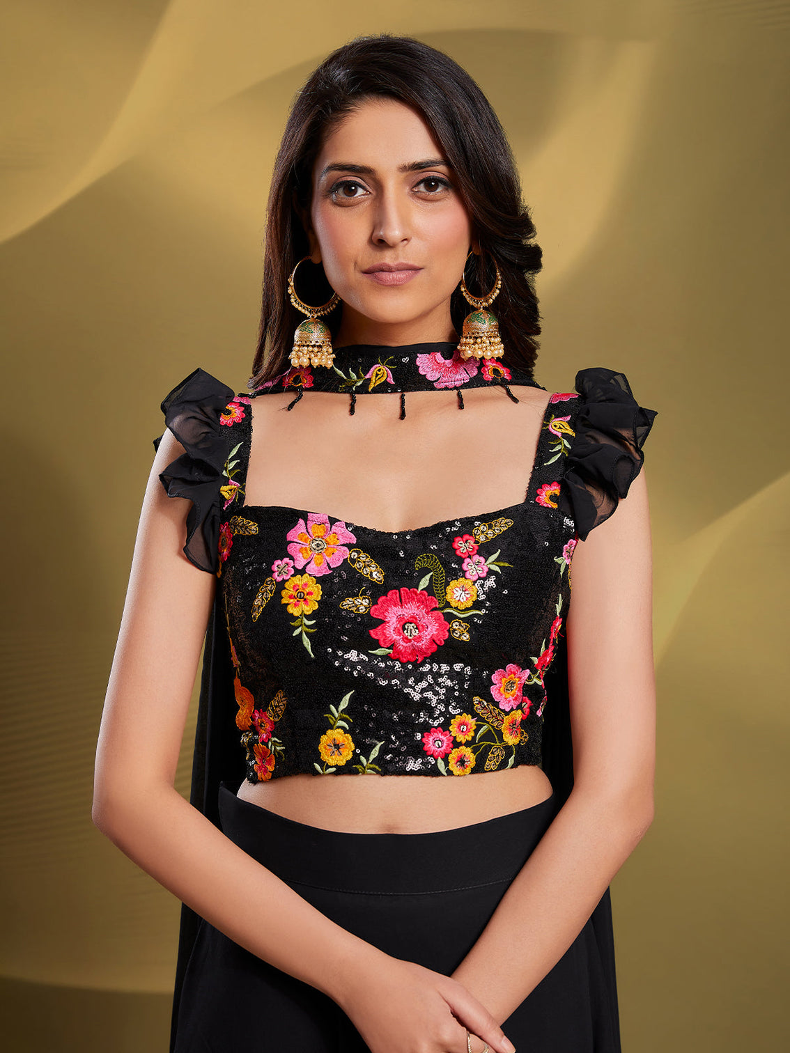 Black Georgette Solid Stitched Lehenga Choli
