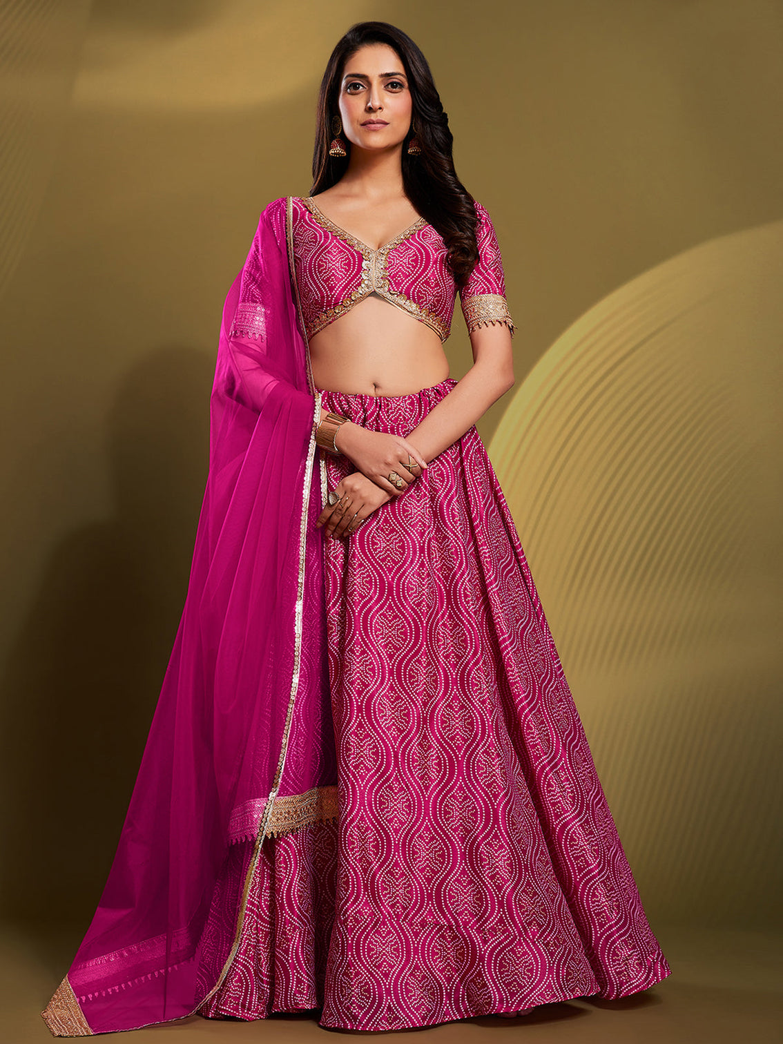Pink Crepe Bandhani Print Semi Stitched Lehenga Choli