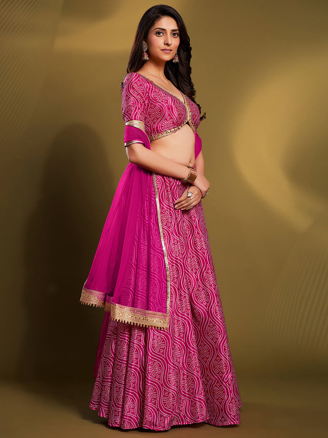 Pink Crepe Bandhani Print Semi Stitched Lehenga Choli