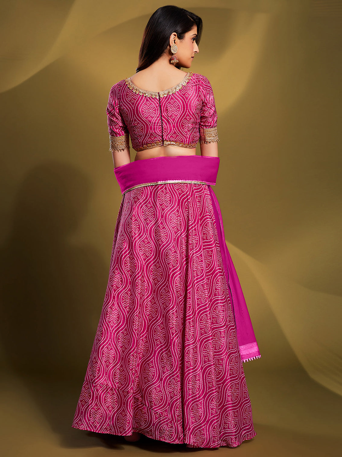 Pink Crepe Bandhani Print Semi Stitched Lehenga Choli