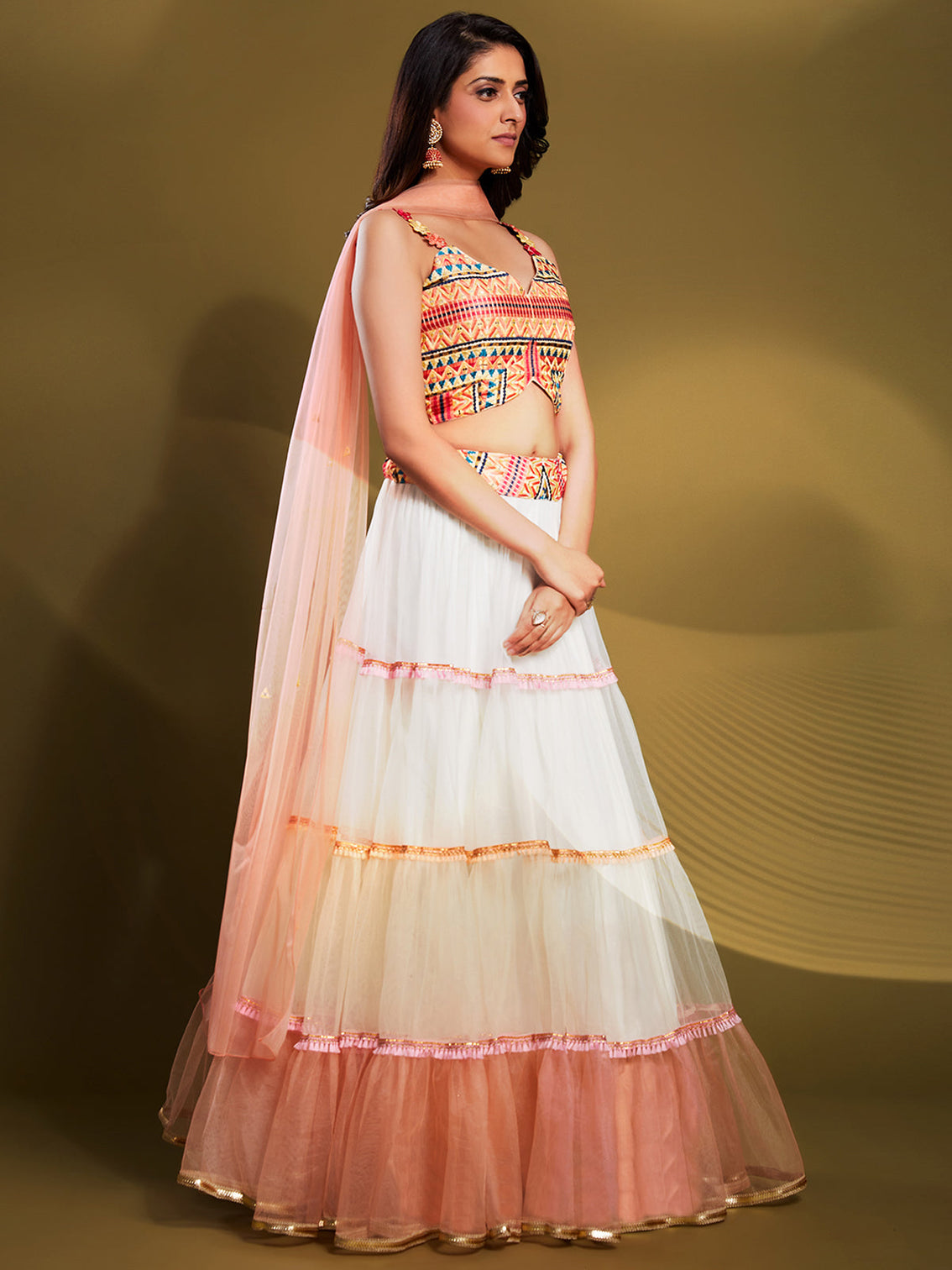 White Soft Net Solid Semi Stitched Lehenga Choli