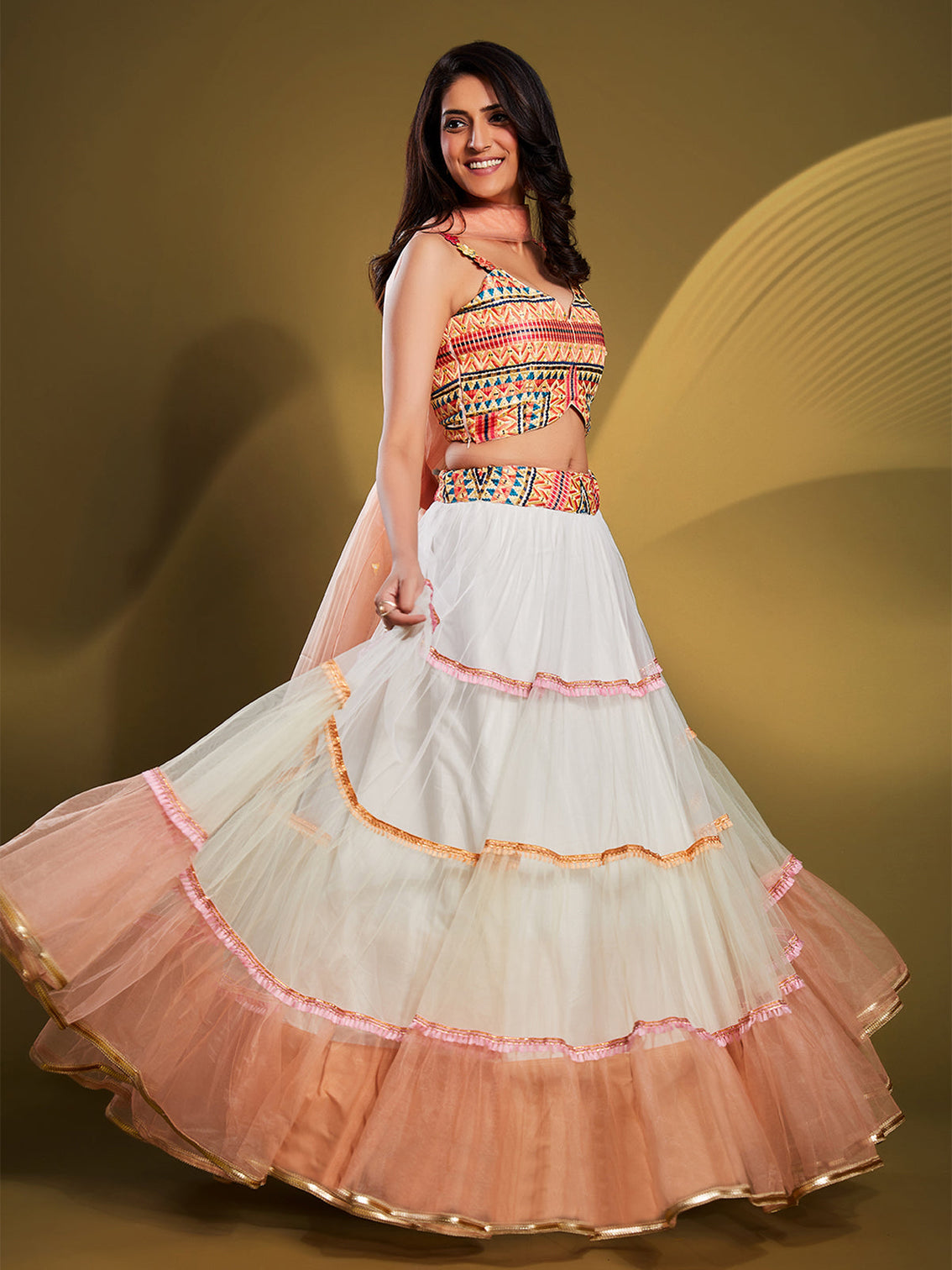 White Soft Net Solid Semi Stitched Lehenga Choli