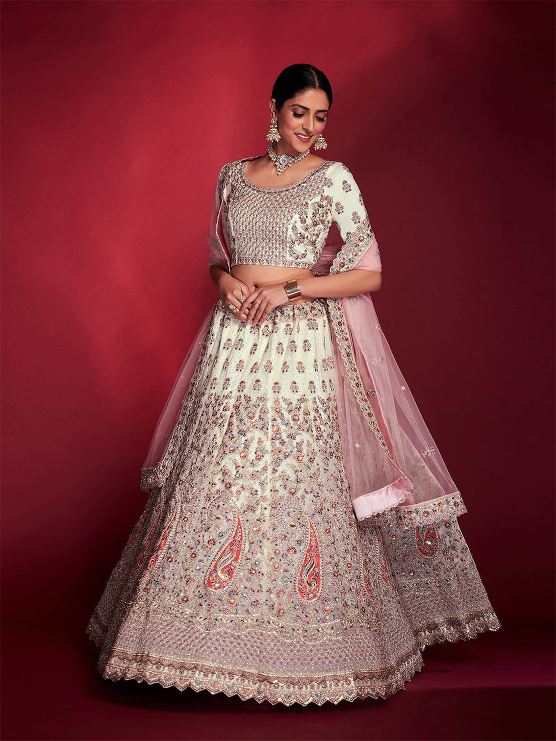 Stylish White Soft Silk Embroidered Semi Stitched Lehenga Choli