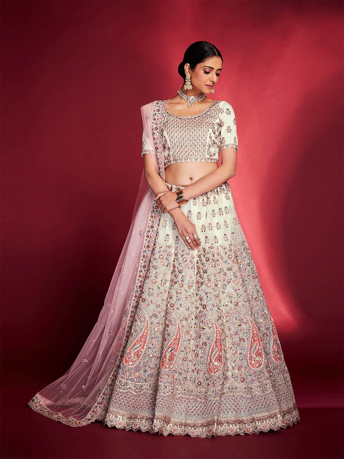 Stylish White Soft Silk Embroidered Semi Stitched Lehenga Choli
