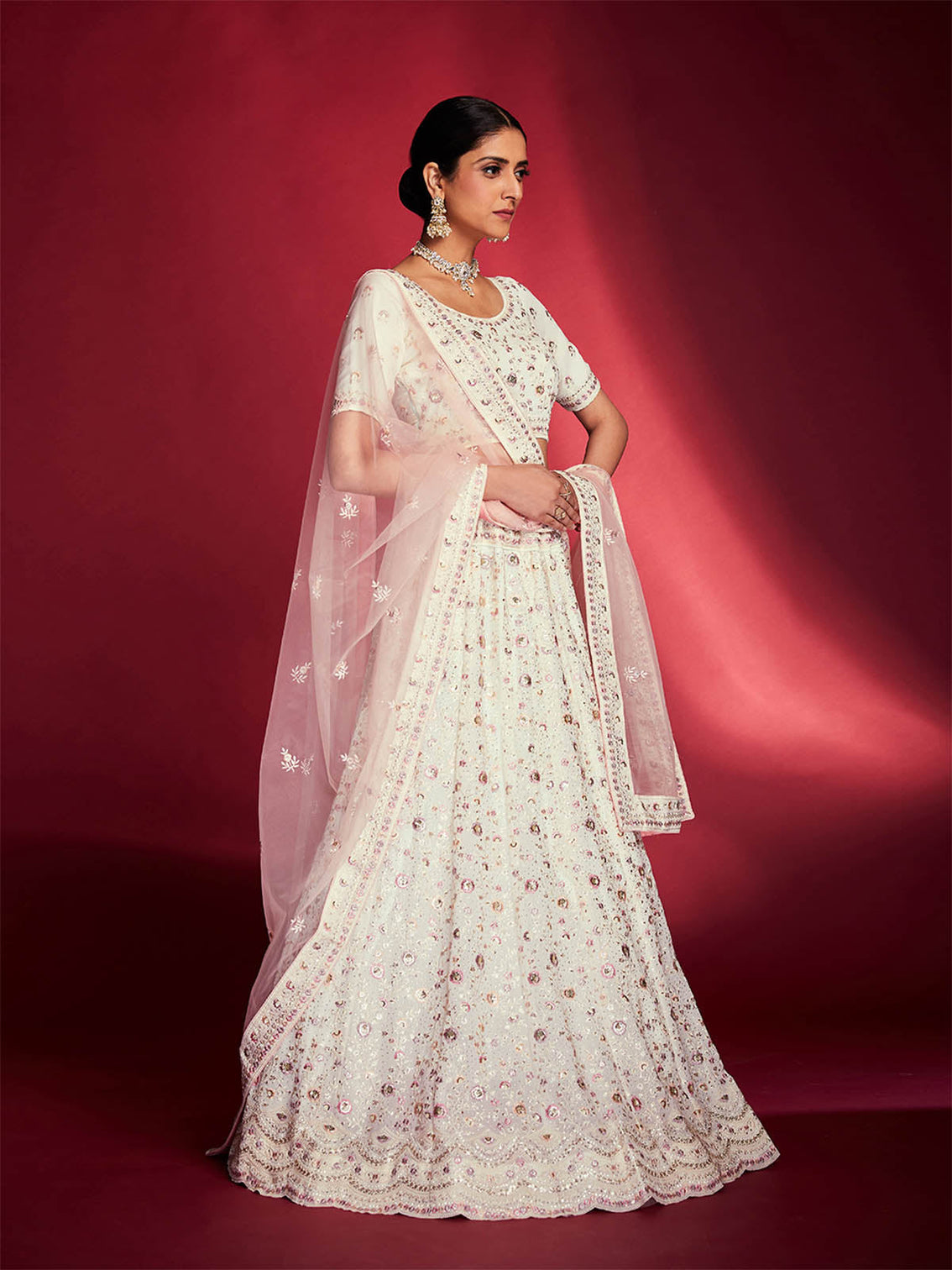 Gorgeous White Georgette Embroidered Semi Stitched Lehenga Choli