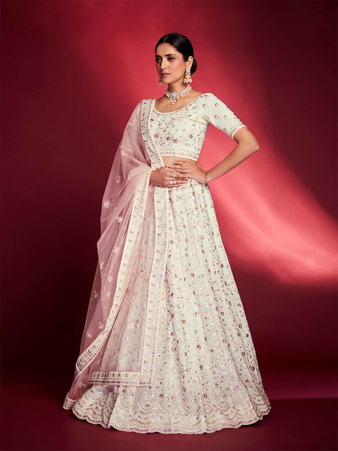 Gorgeous White Georgette Embroidered Semi Stitched Lehenga Choli
