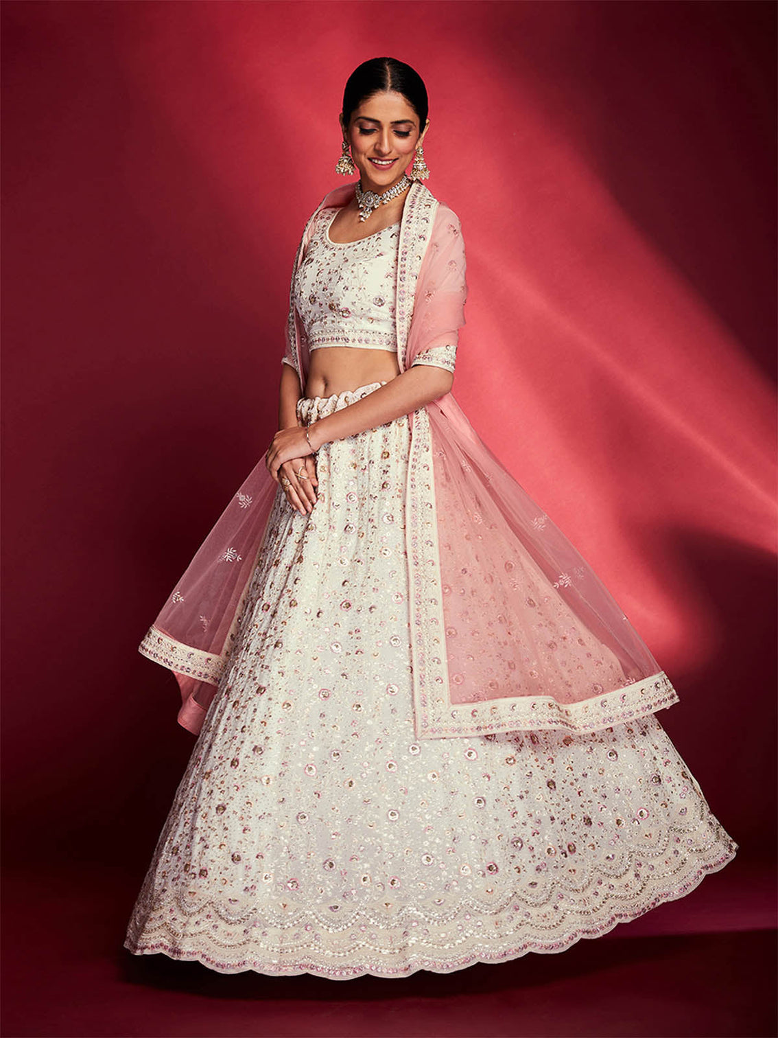 Gorgeous White Georgette Embroidered Semi Stitched Lehenga Choli