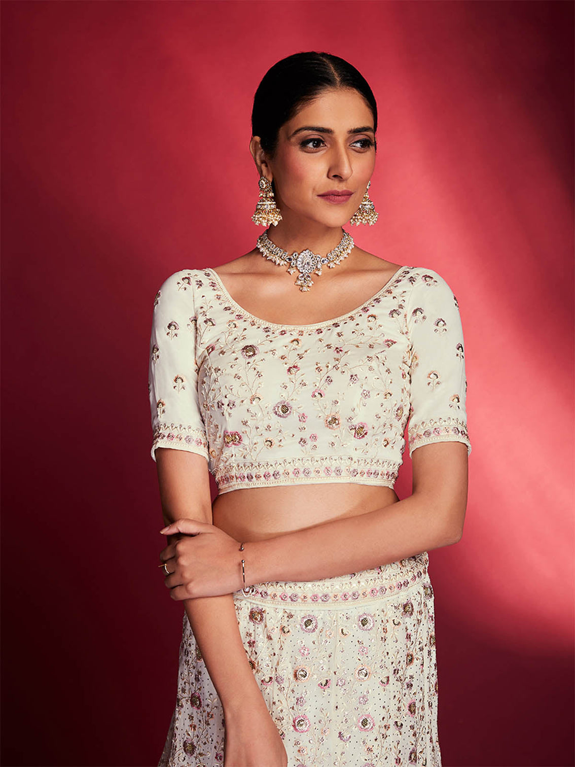 Gorgeous White Georgette Embroidered Semi Stitched Lehenga Choli