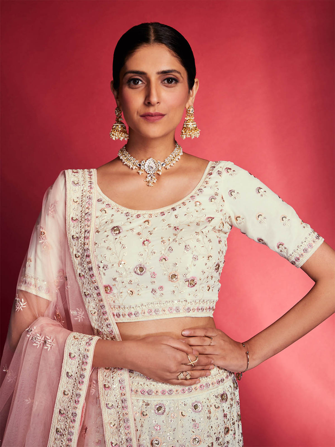 Gorgeous White Georgette Embroidered Semi Stitched Lehenga Choli