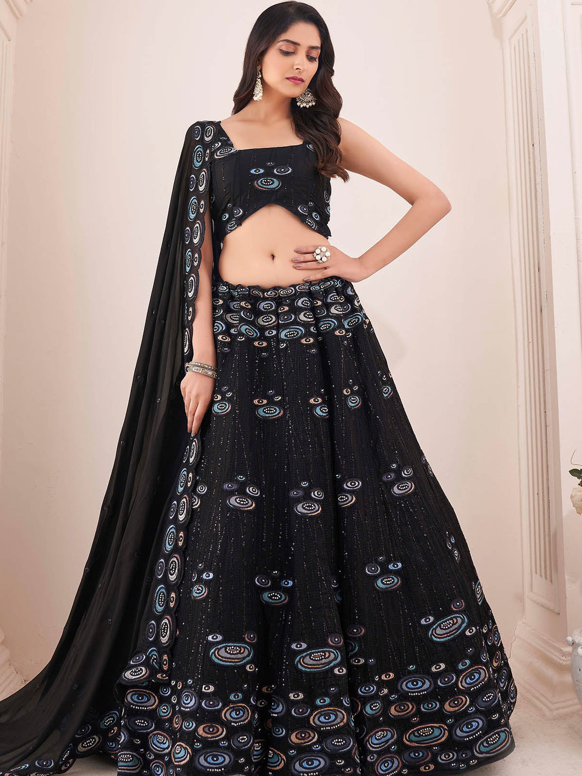 Black Georgette Embroidery Semi Stitched Lehenga Choli