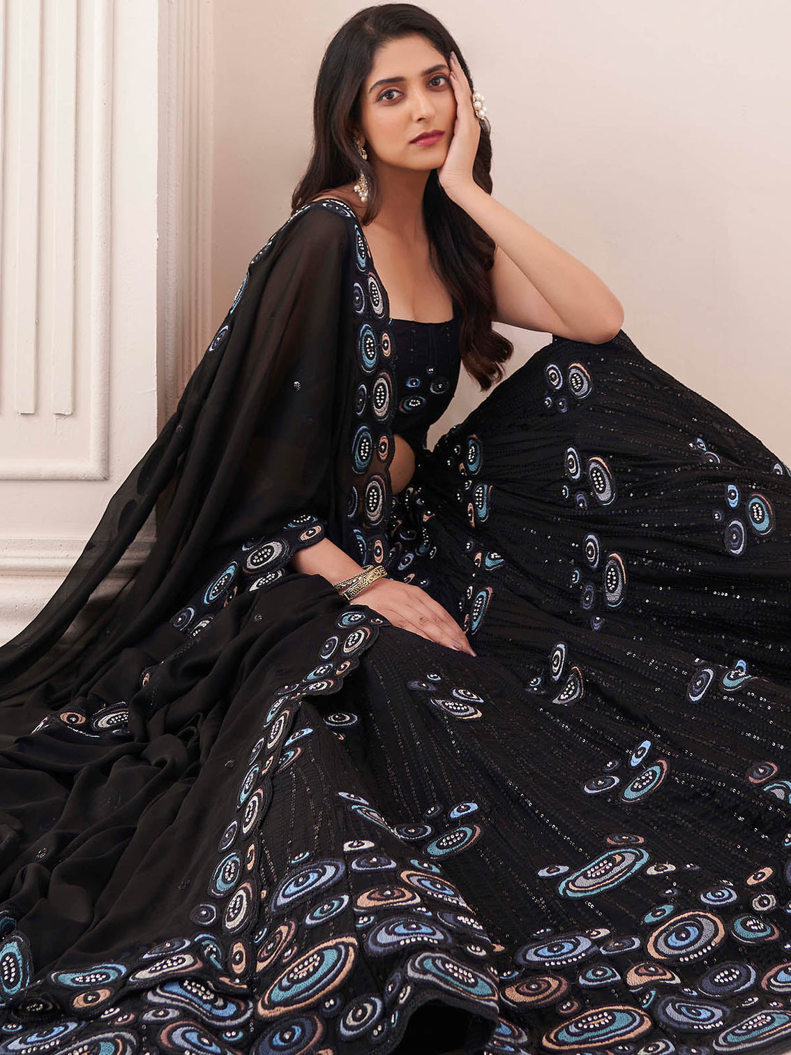 Black Georgette Embroidery Semi Stitched Lehenga Choli