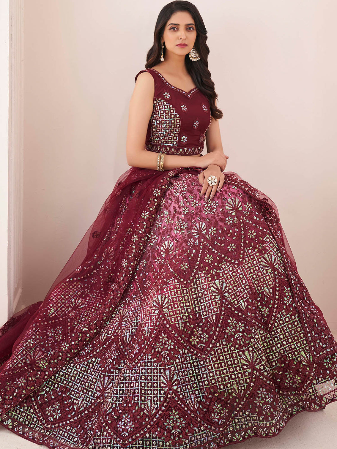 Maroon Soft Net Embroidery Semi Stitched Lehenga Choli