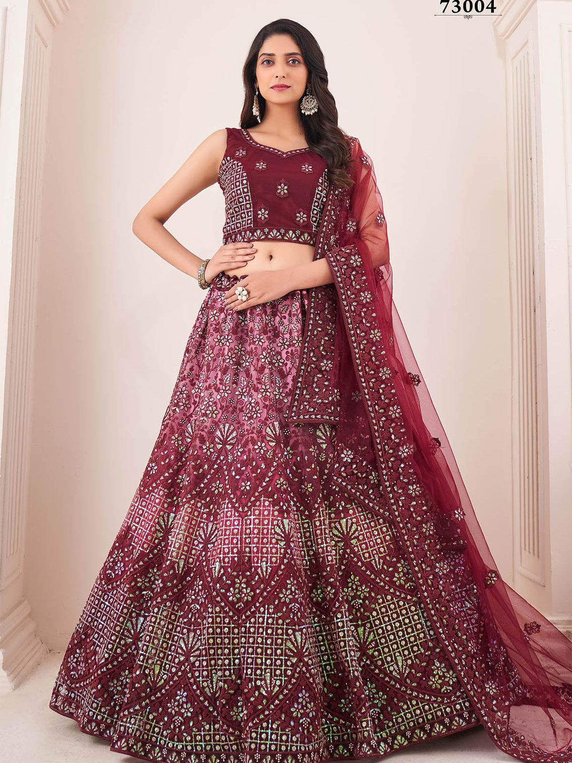 Maroon Soft Net Embroidery Semi Stitched Lehenga Choli