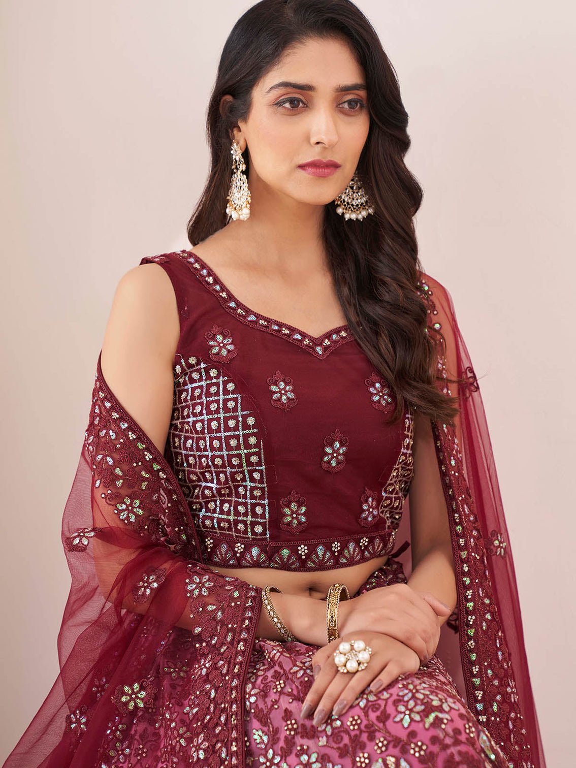 Maroon Soft Net Embroidery Semi Stitched Lehenga Choli