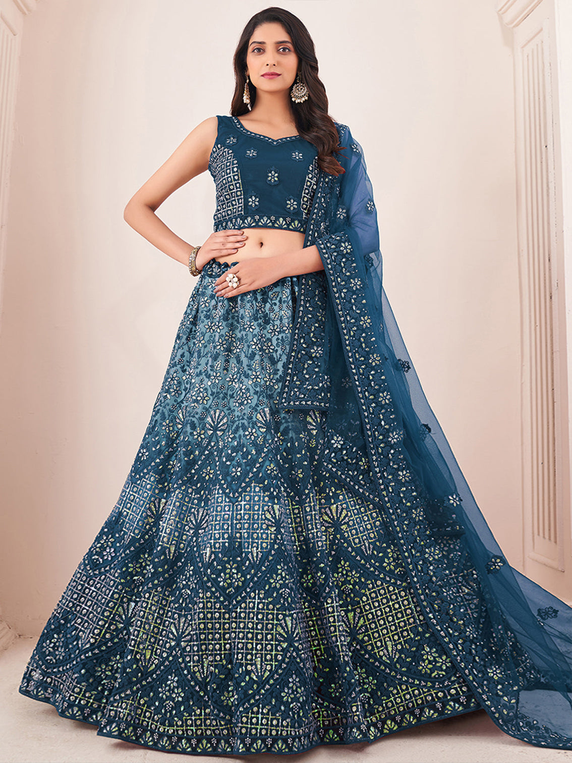 Teal Net Semi Stitched Lehenga With Unstitched Blouse