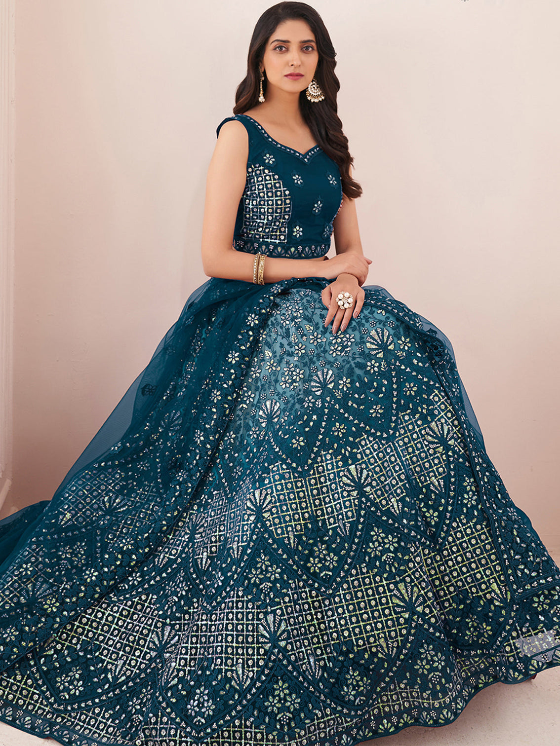 Teal Net Semi Stitched Lehenga With Unstitched Blouse