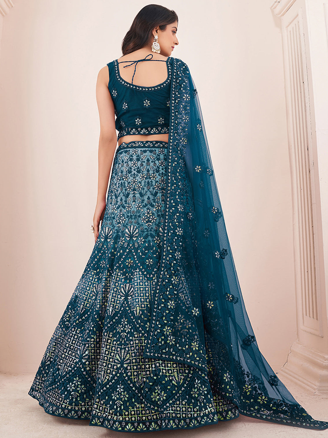 Teal Net Semi Stitched Lehenga With Unstitched Blouse