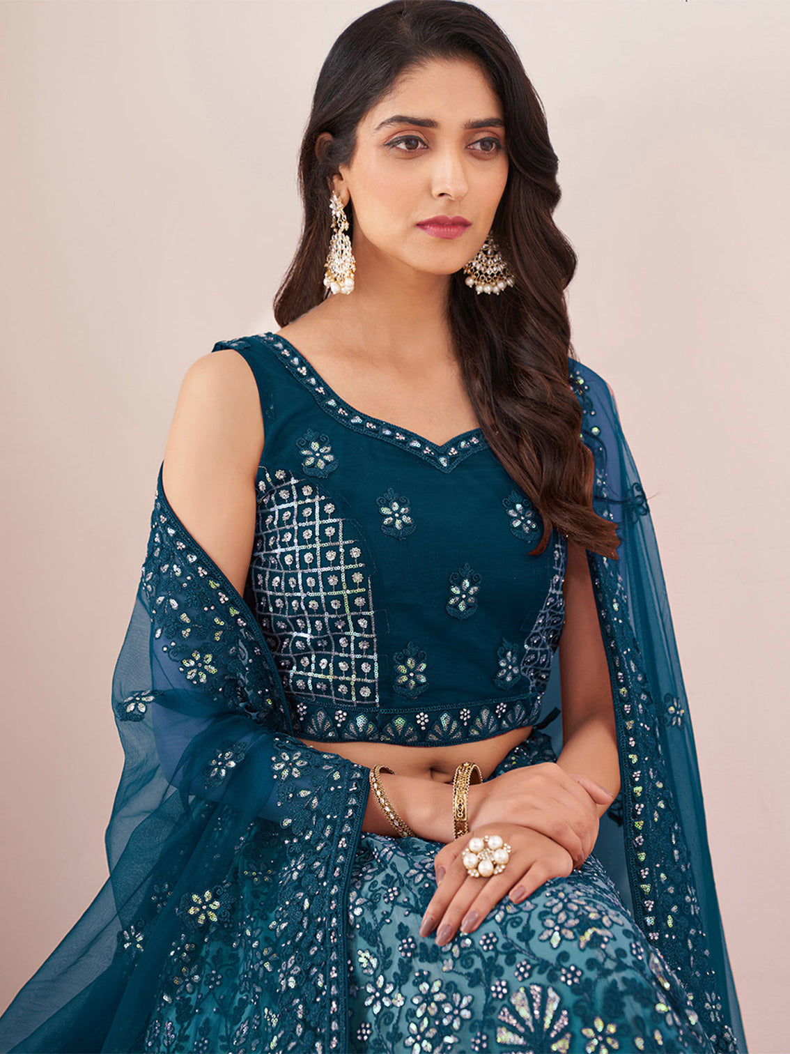 Teal Net Semi Stitched Lehenga With Unstitched Blouse