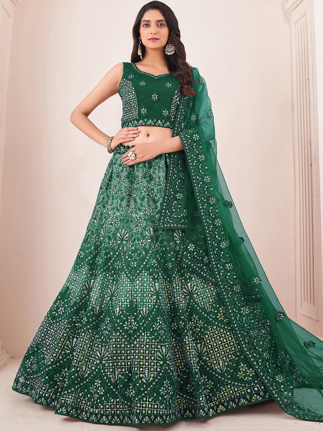 Green Net Semi stitched Lehenga With Unstitched Blouse