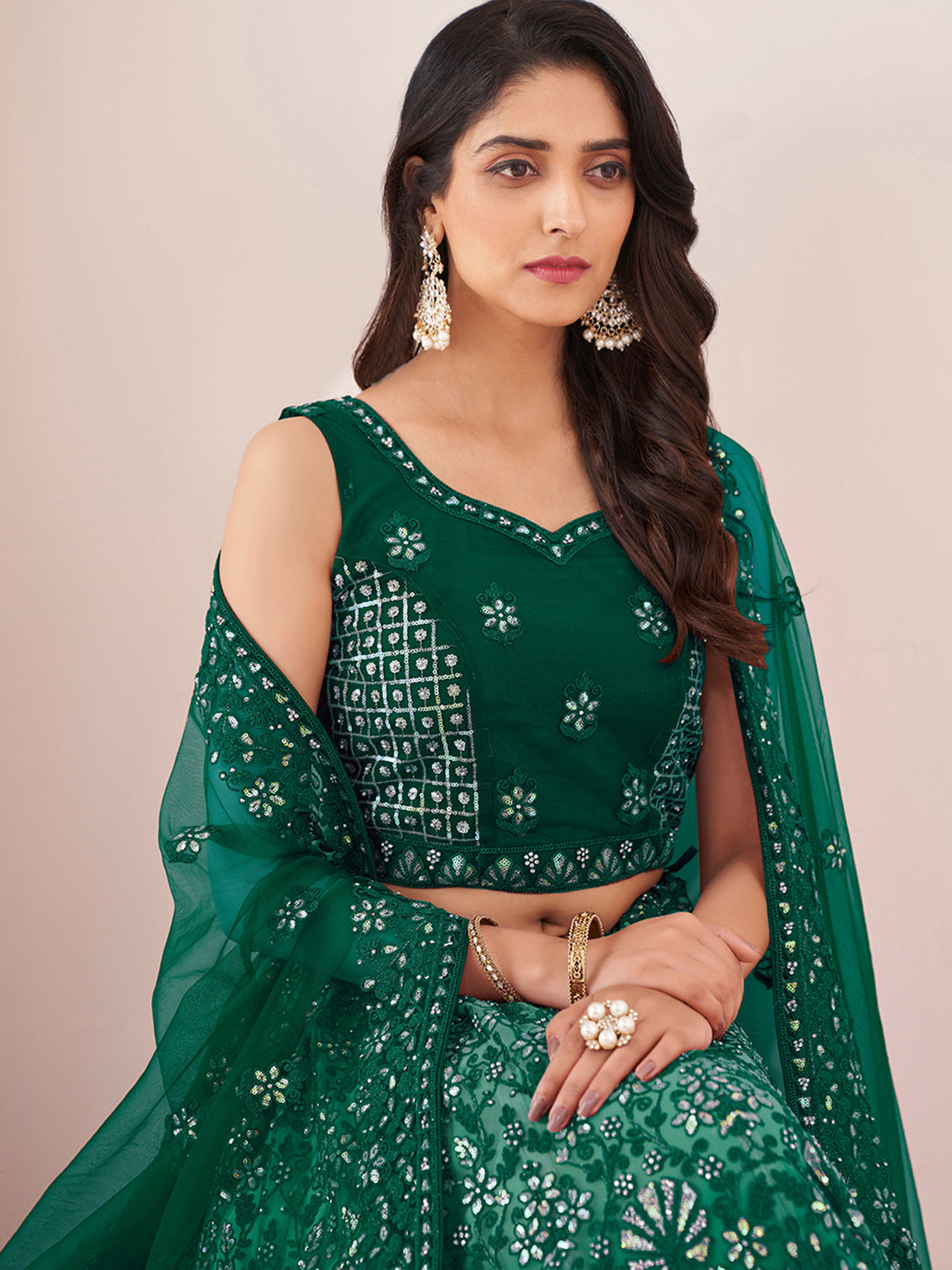 Green Net Semi stitched Lehenga With Unstitched Blouse
