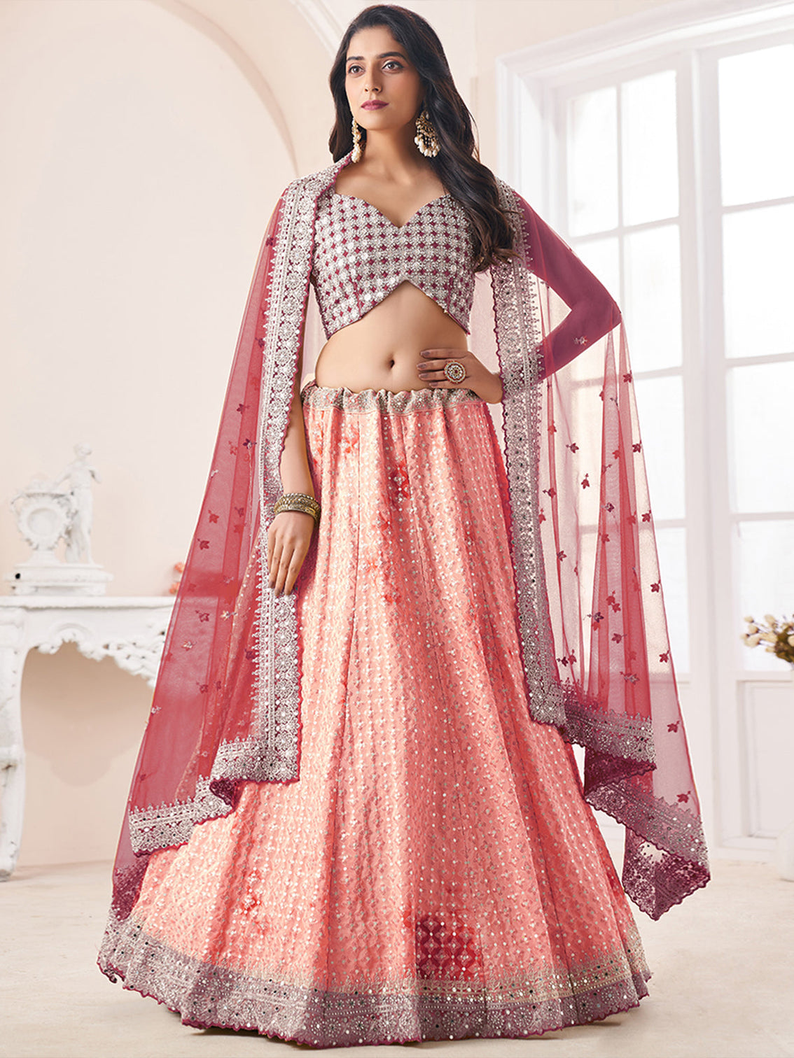 Peach Georgette Semi stitched Lehenga With Unstitched Blouse