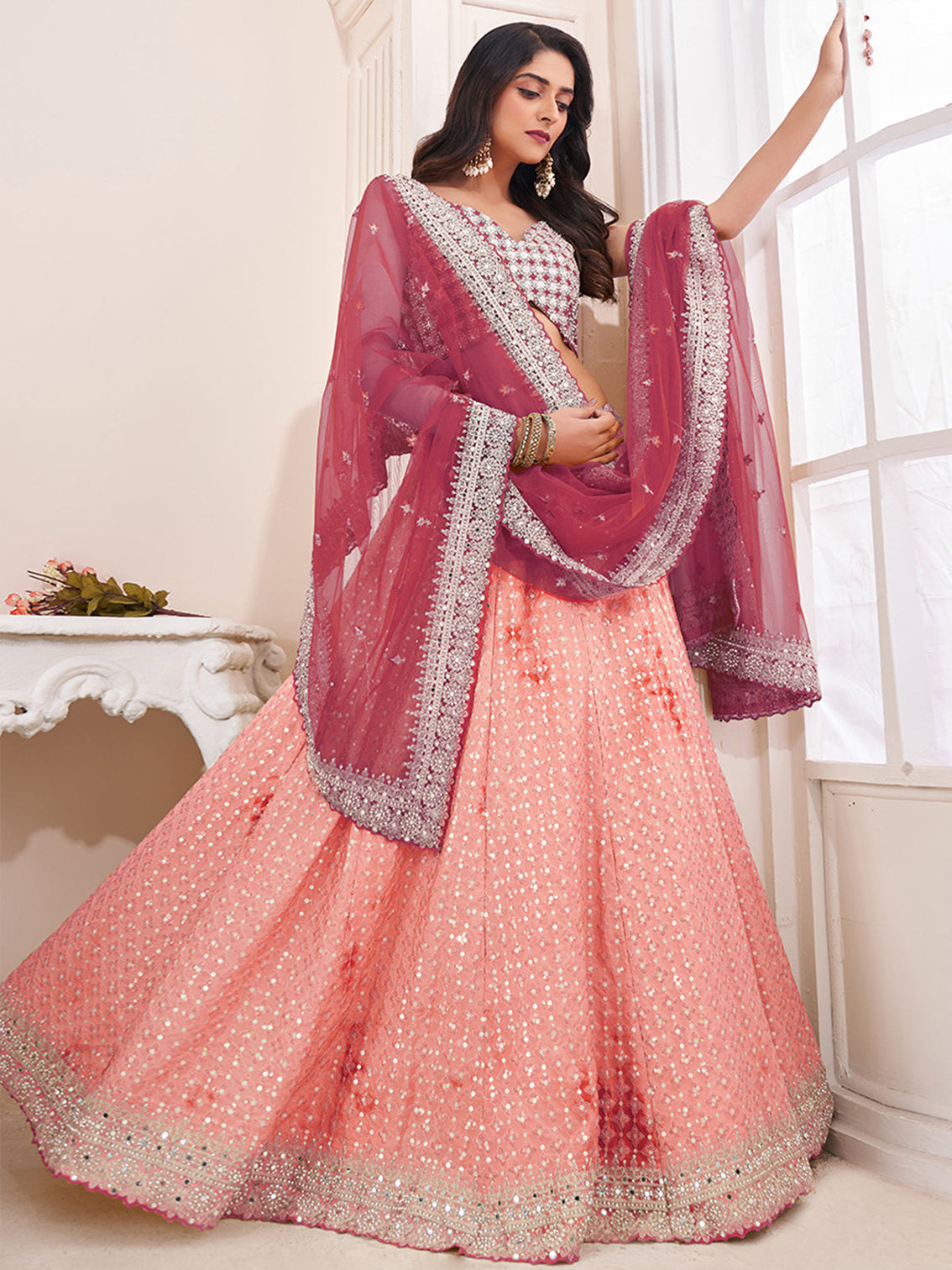 Peach Georgette Semi stitched Lehenga With Unstitched Blouse
