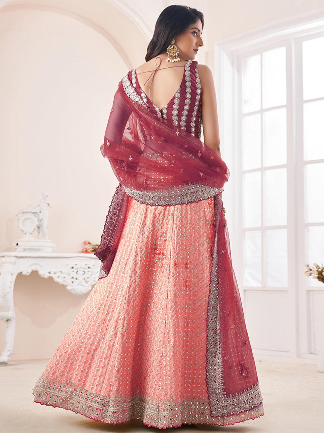 Peach Georgette Semi stitched Lehenga With Unstitched Blouse