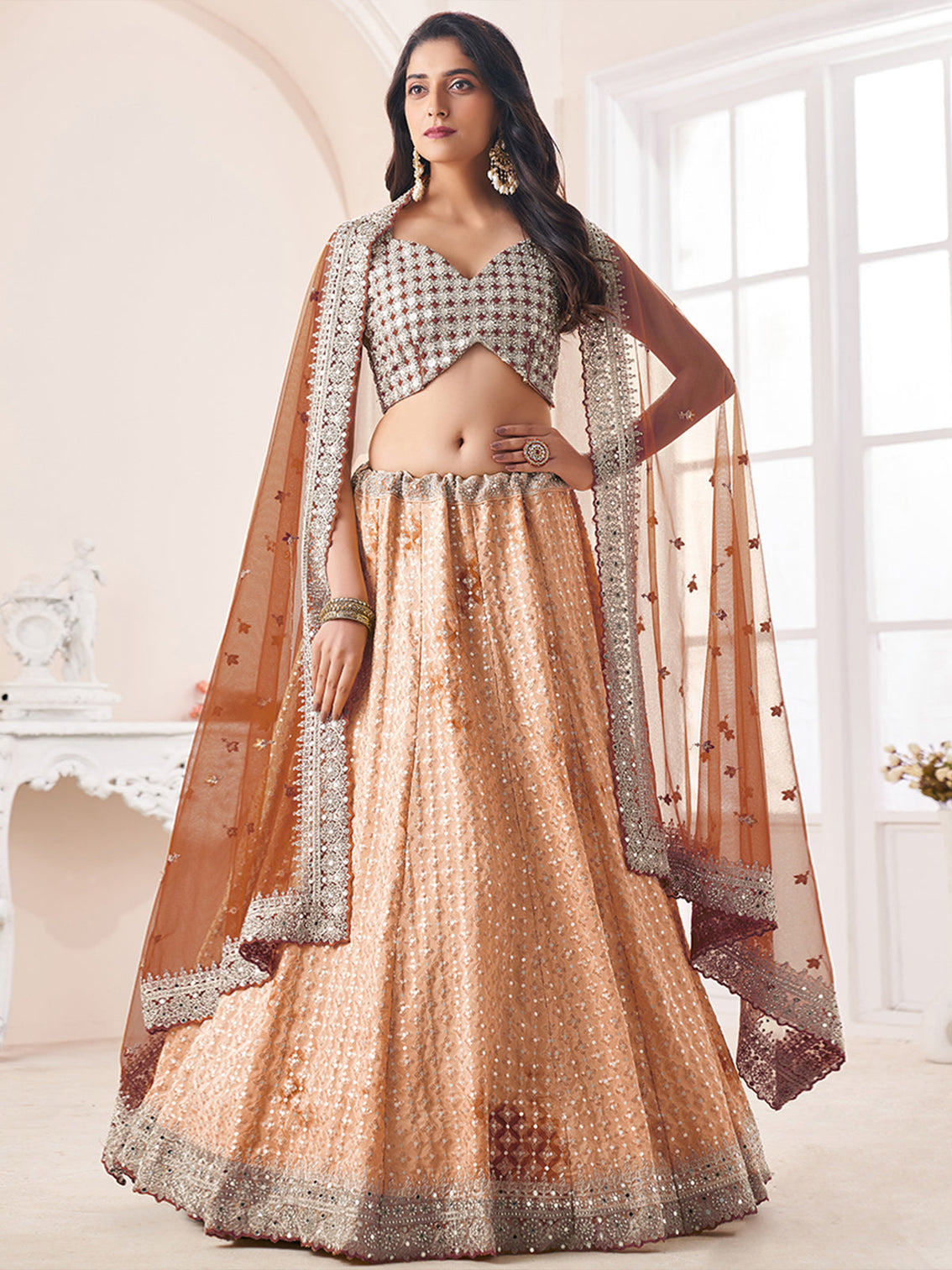 Beige Georgette Semi stitched Lehenga With Unstitched Blouse