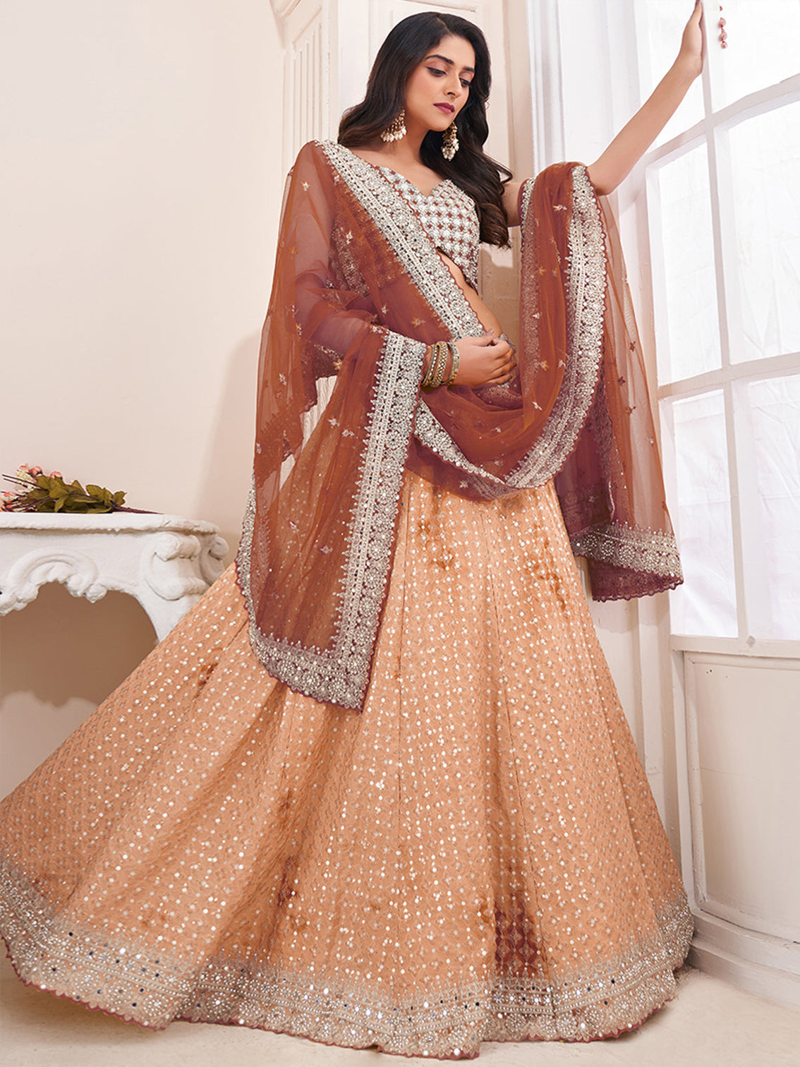 Beige Georgette Semi stitched Lehenga With Unstitched Blouse