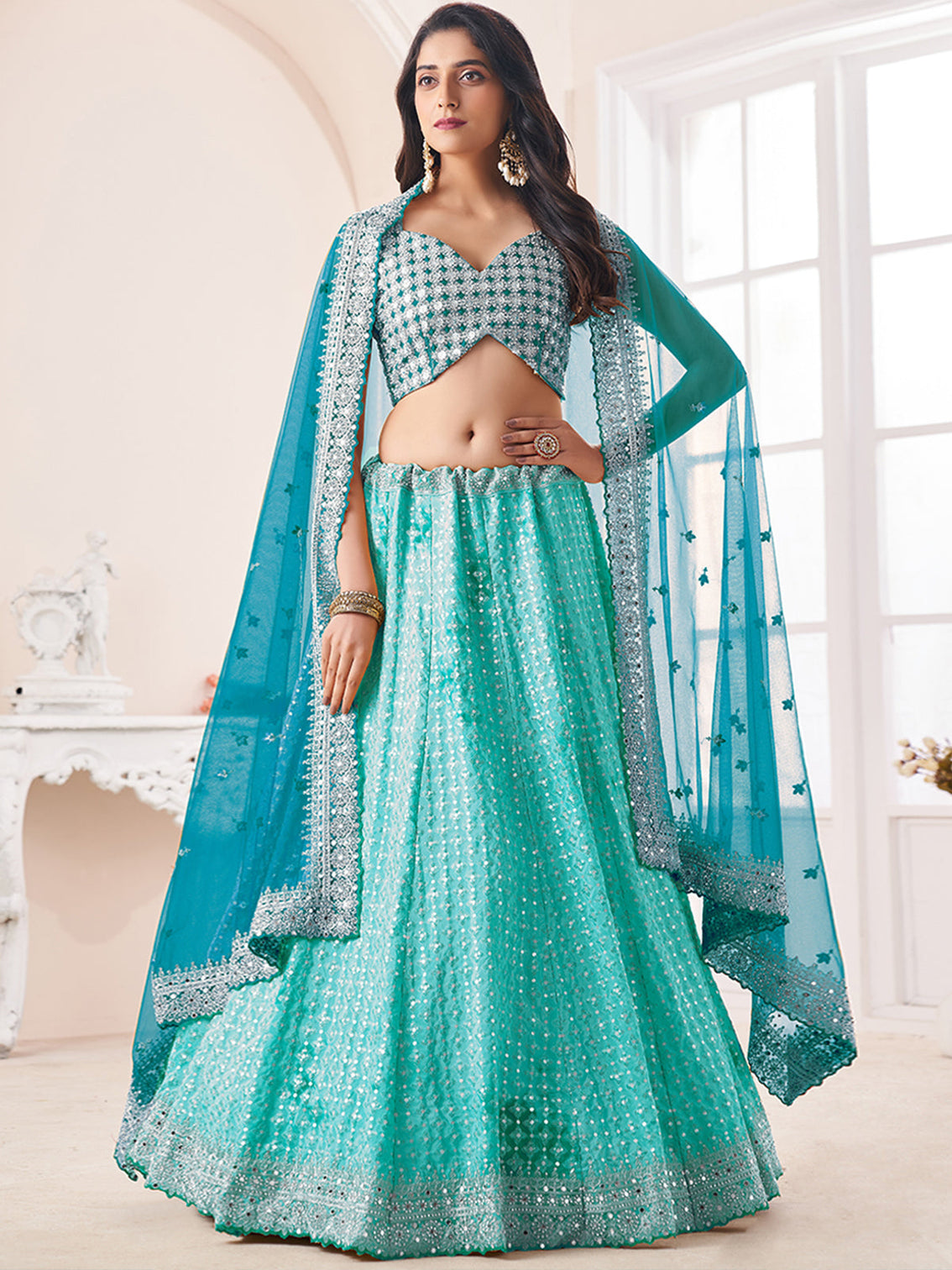 Turquoise Georgette Semi stitched Lehenga With Unstitched Blouse