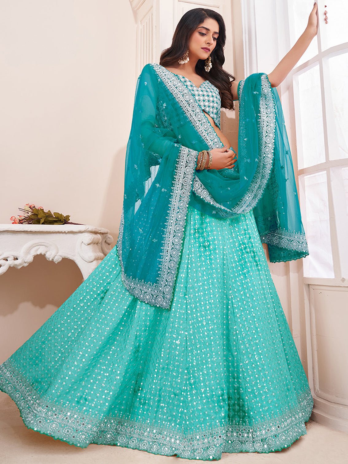 Turquoise Georgette Semi stitched Lehenga With Unstitched Blouse