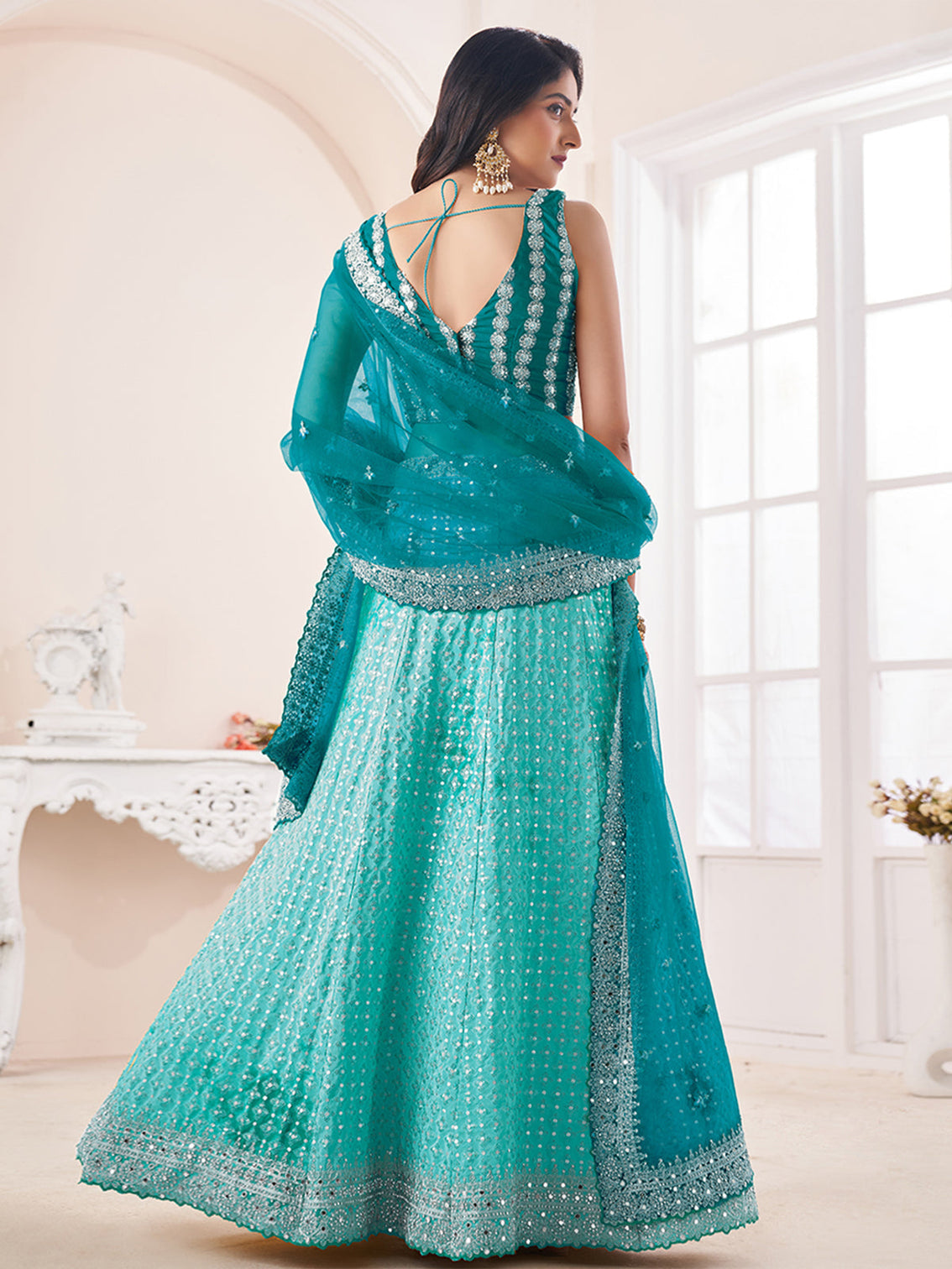 Turquoise Georgette Semi stitched Lehenga With Unstitched Blouse