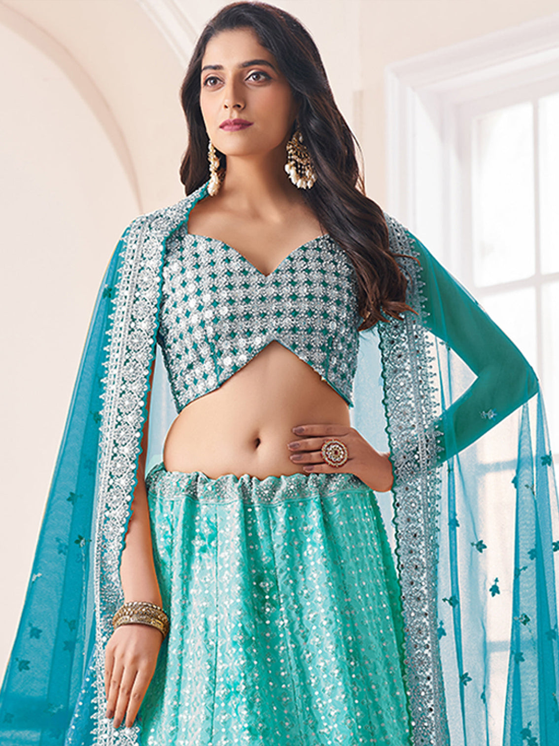Turquoise Georgette Semi stitched Lehenga With Unstitched Blouse