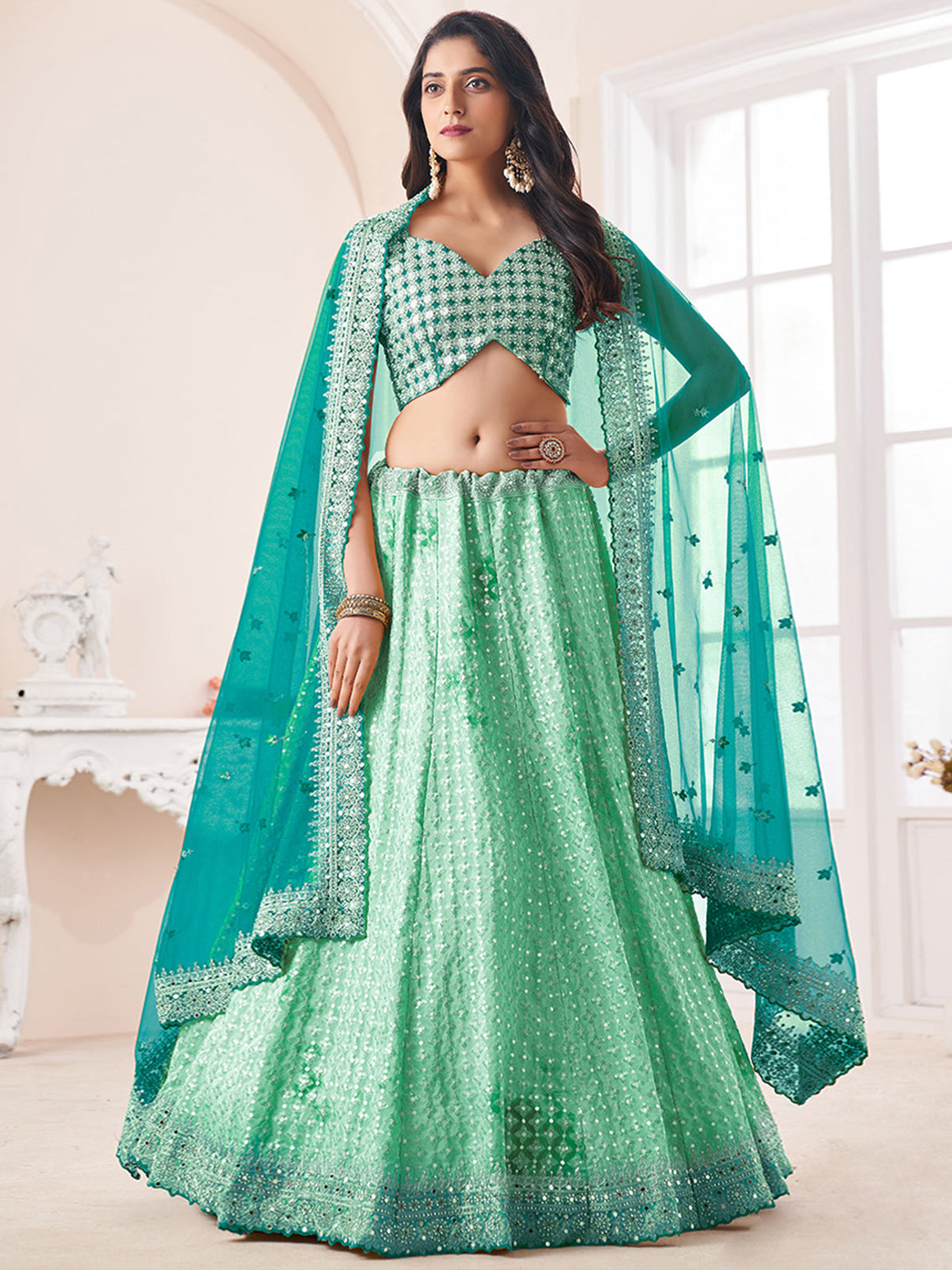 Sea Green Georgette Semi stitched Lehenga With Unstitched Blouse