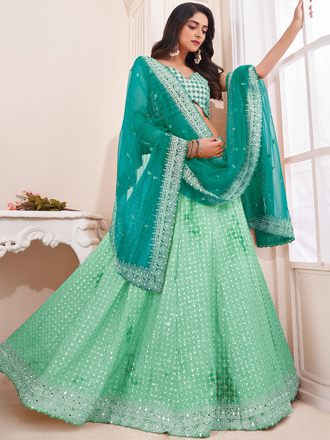 Sea Green Georgette Semi stitched Lehenga With Unstitched Blouse