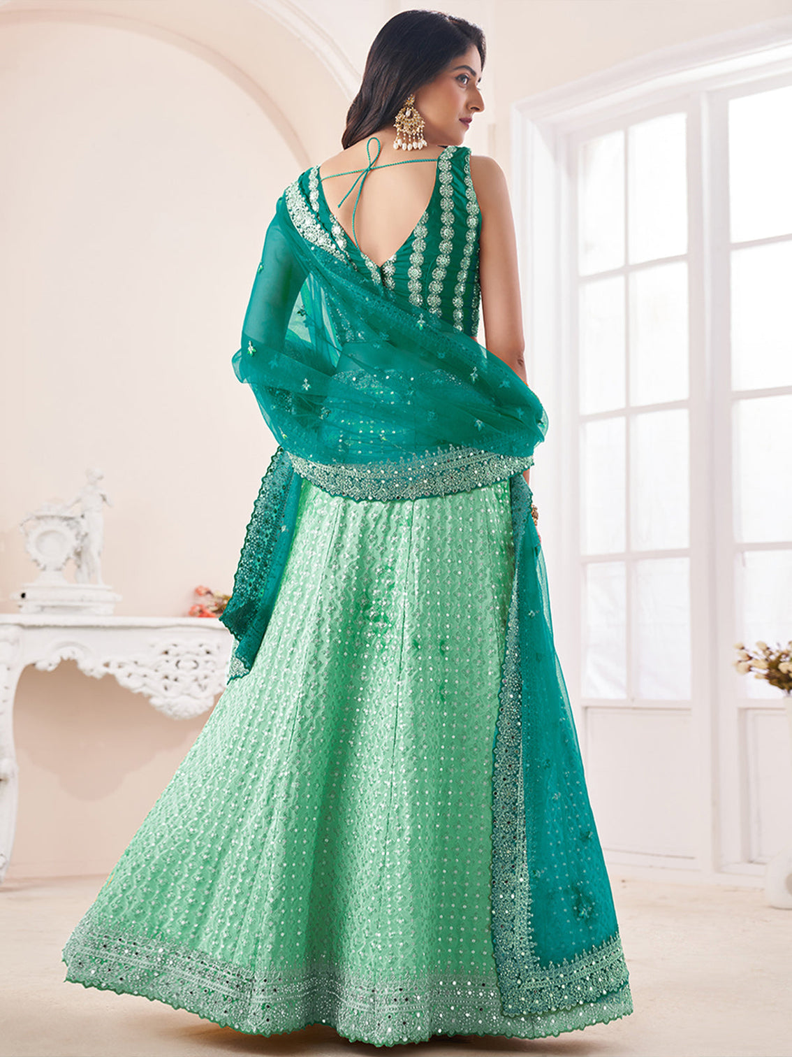 Sea Green Georgette Semi stitched Lehenga With Unstitched Blouse