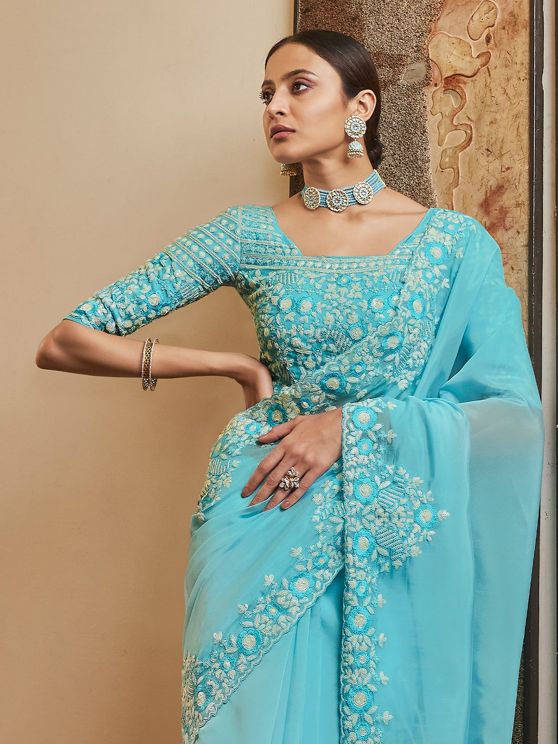 Sky Blue Organza Embroidered Saree With Unstitched Blouse