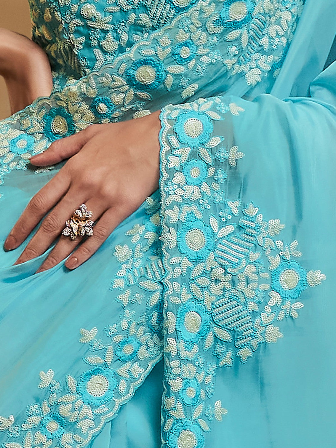 Sky Blue Organza Embroidered Saree With Unstitched Blouse