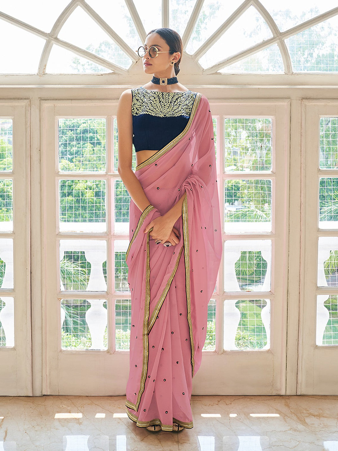 Peach Georgette Embroidered Saree With Unstitched Blouse