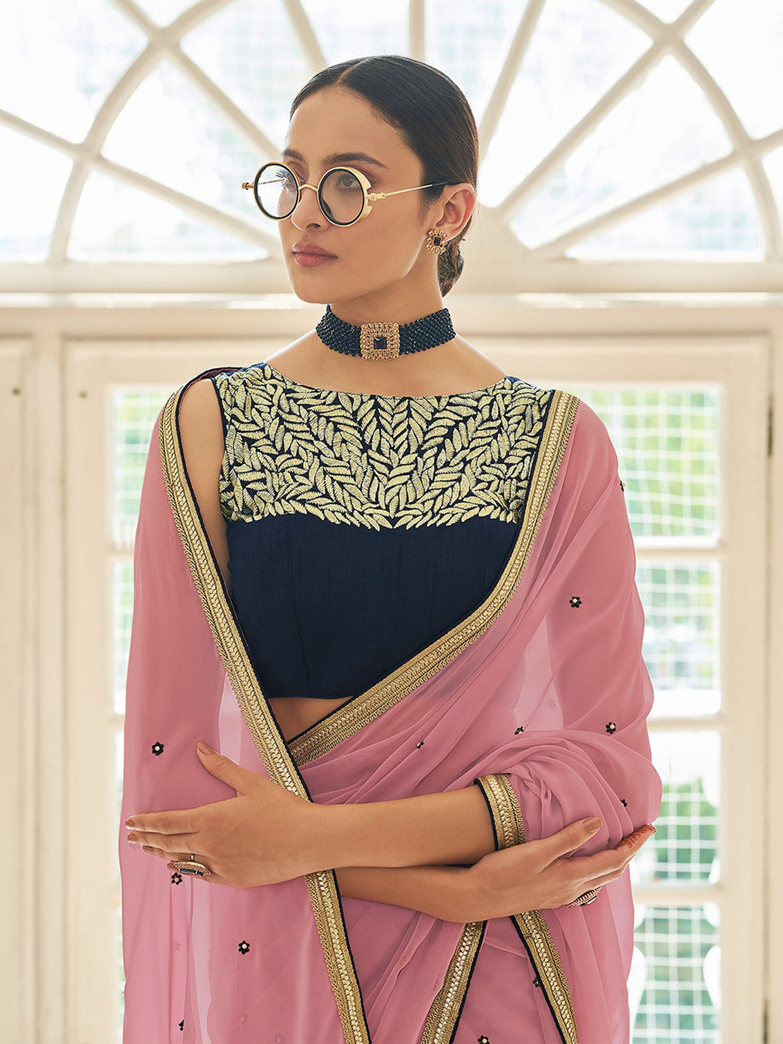Peach Georgette Embroidered Saree With Unstitched Blouse