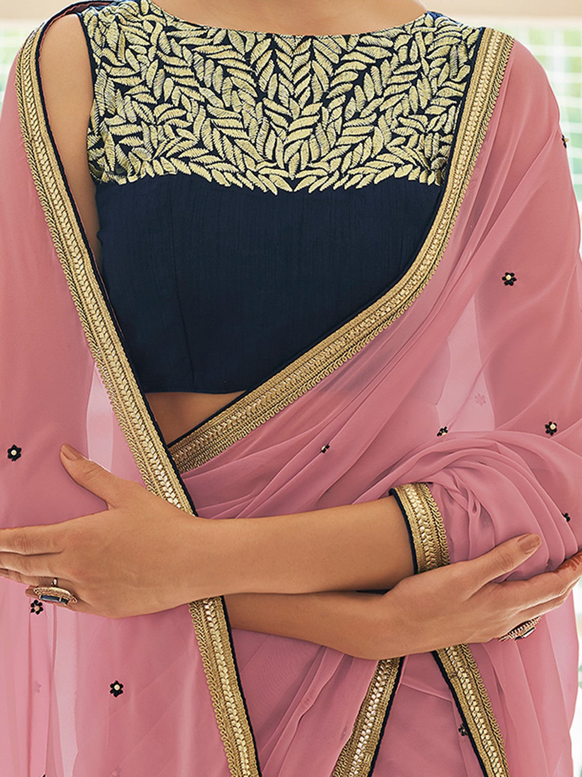 Peach Georgette Embroidered Saree With Unstitched Blouse